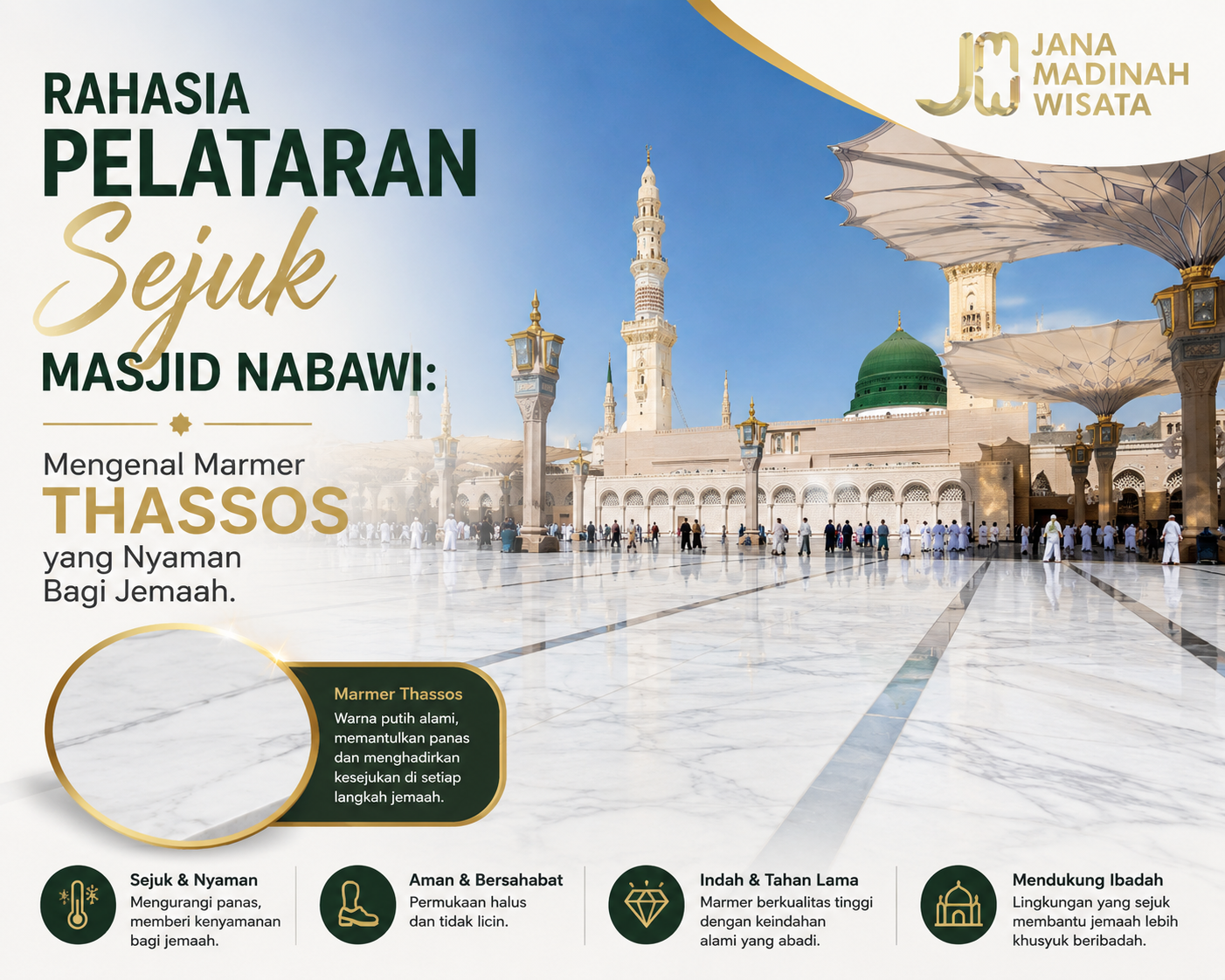 Rahasia Pelataran Sejuk Masjid Nabawi: Mengenal Marmer Thassos yang Nyaman Bagi Jemaah Rahasia Pelataran Sejuk Masjid Nabawi: Mengenal Marmer Thassos yang Nyaman Bagi Jemaah