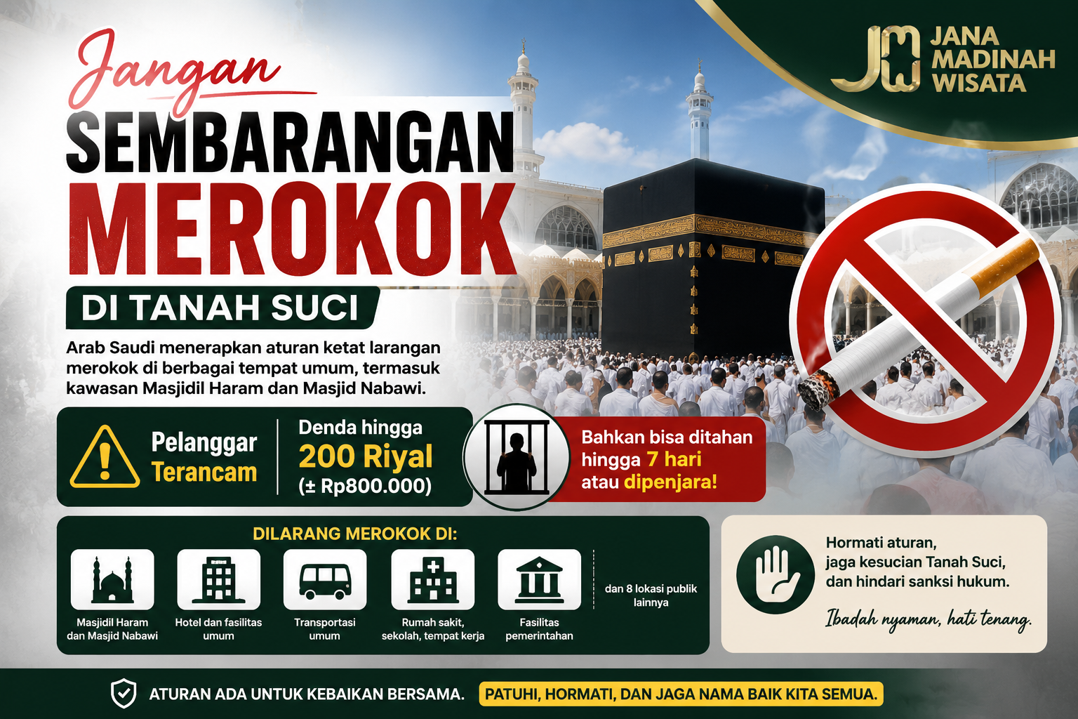 Jangan Sembarangan Merokok di Tanah Suci, Pelanggar Terancam Denda hingga Penjara Jangan Sembarangan Merokok di Tanah Suci, Pelanggar Terancam Denda hingga Penjara