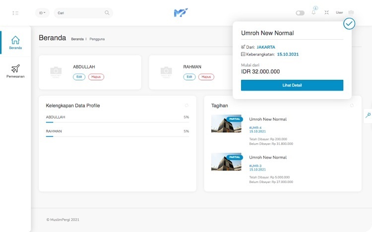 Dashboard User, Fitur Lengkap untuk Memudahkan Jamaah Umroh