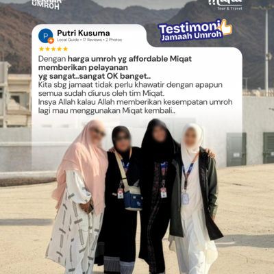 Dengan harga umroh yg affordable Miqat memberikan pelayanan yg sangat..sangat OK banget.. Kita sbg jamaat tidak perlu khawatir dengan apapun semua sudah diurus oleh tim Miqat. Insya Allah kalau Allah memberikan kesempatan umroh lagi mau menggunakan Miqat kembali..