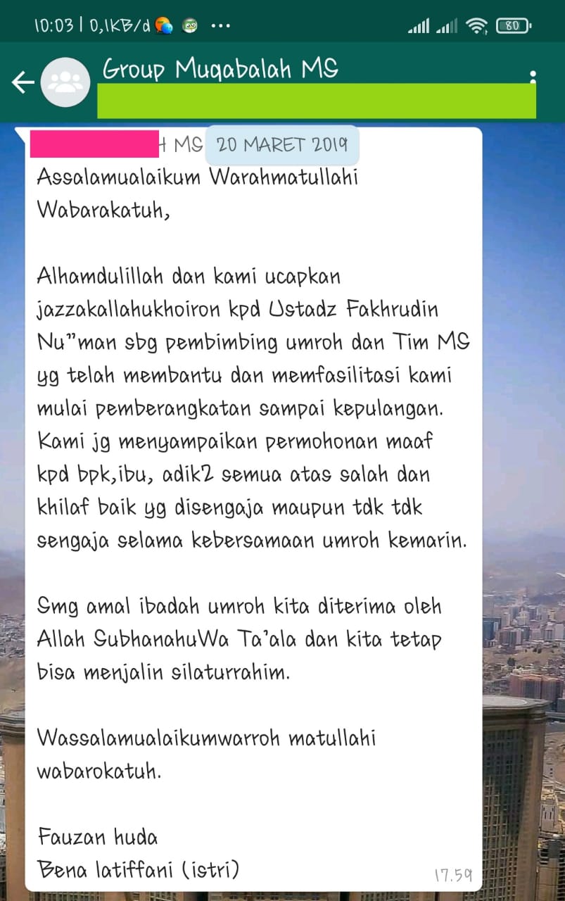 testimonial group keberangkatan Maret 2019 bersama ustadz Fachrudin Nu'man 4
