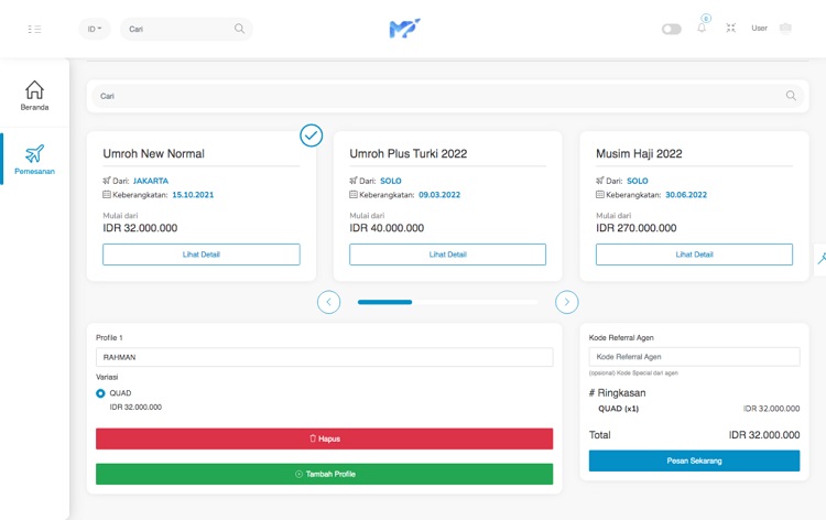 Dashboard user memiliki fitur lengkap, Sumber: muslimpergi.com