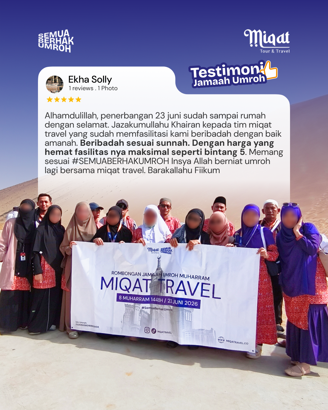 Alhamdulillah, penerbangan 23juni sudh smpe rumah dengan selamat. Jazakumullahu Khairan kepada tim miqat travel yang sudah memfasilitasi kami beribadah dengan baik amanah. Beribadah sesuai sunnah. Dengan harga yang hemat fasilitas nya maksimal sperti sperti bintang 5. Memang sesuai #SEMUABERHAKUMROH In syaa Allah berniat umroh lagi bersama miqat travel. Barakallahufiikum