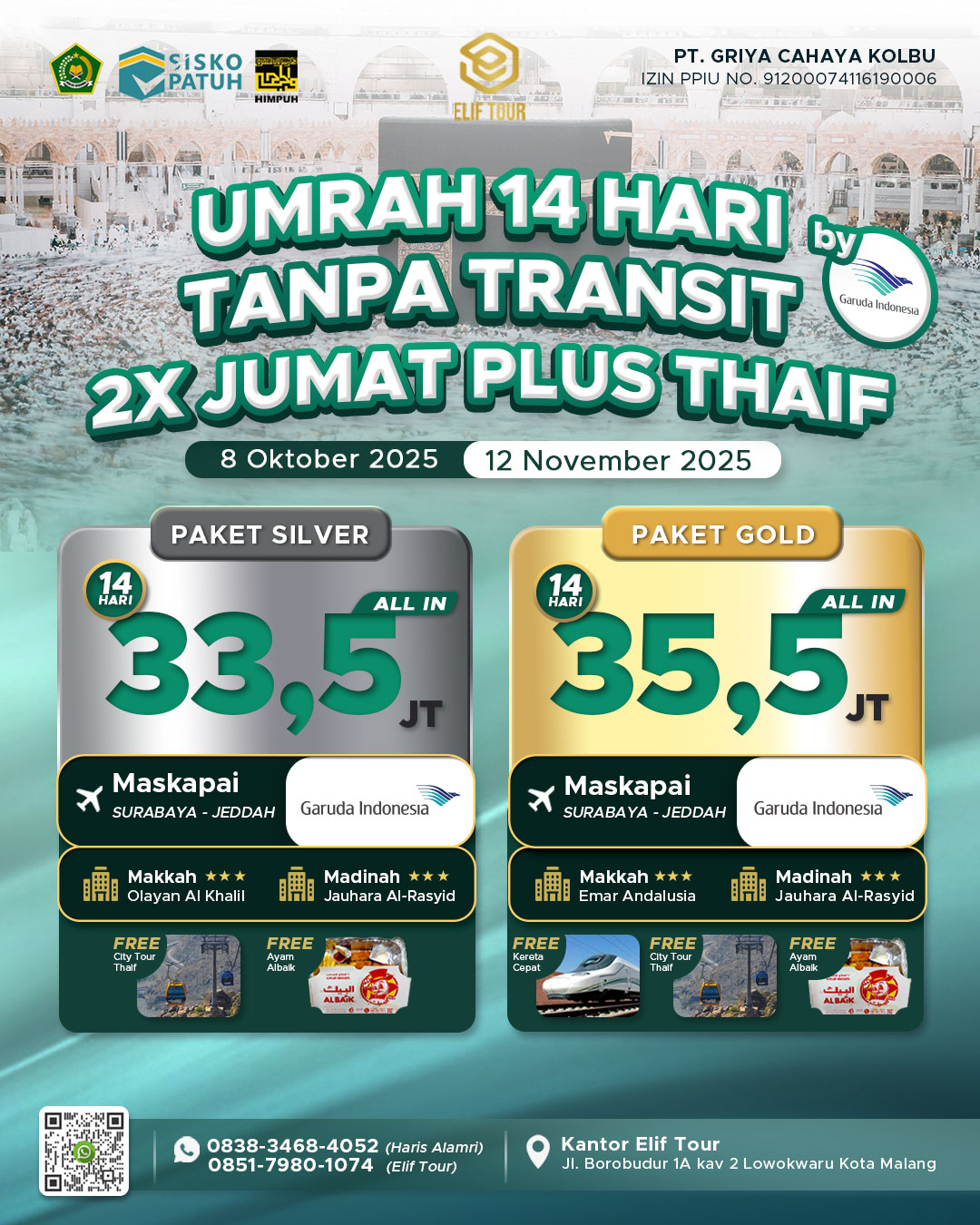 UMRAH 14 HARI TANPA TRANSIT 2X JUMAT PLUS THAIF