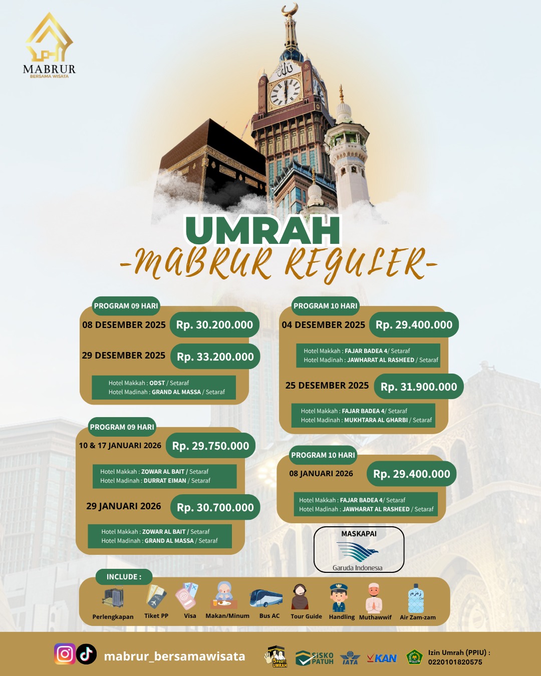 UMRAH MABRUR REGULER Program 9 Hari ( DESEMBER - JANUARI 2026) 