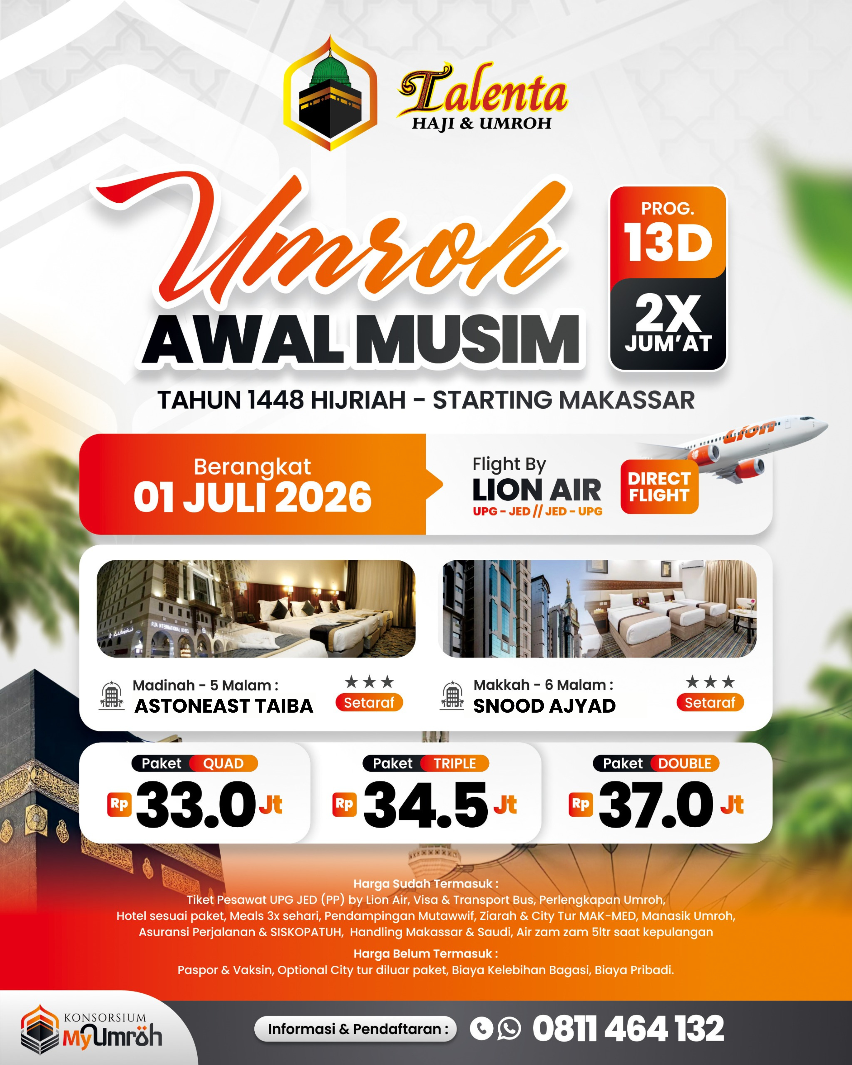 UMROH 01 JULI 2026 AWAL MUSIM 1448H PROGRAM 13 HARI BY LION AIR