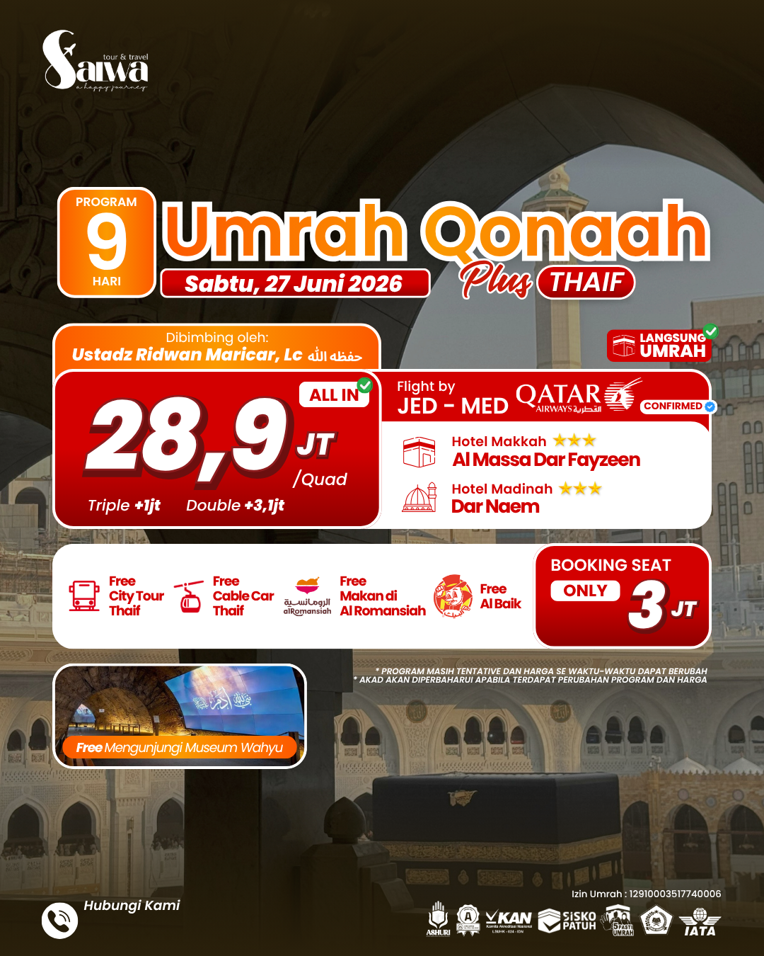 UMRAH QONAAH PLUS THAIF 9 HARI 27 JUNI 2026 