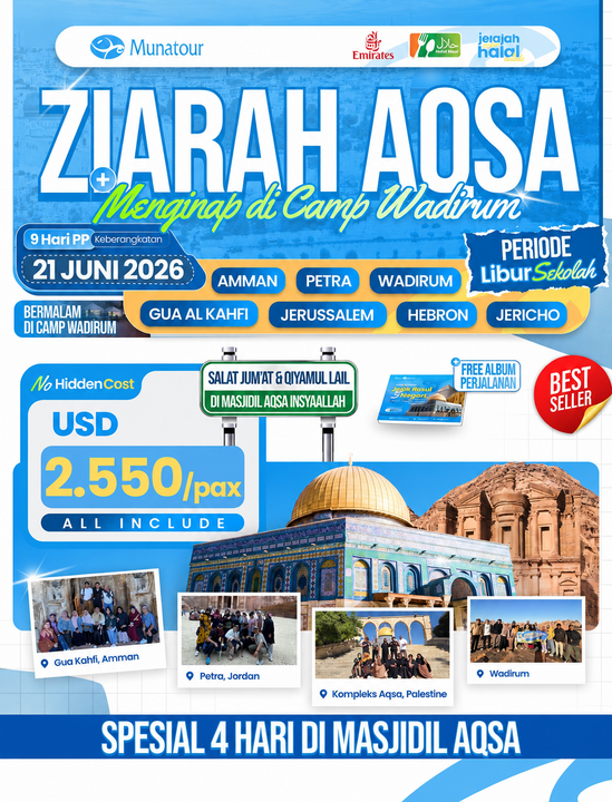  Paket Jejak Rasul 3 Negara Spesial libur sekolah: Mesir, Aqsa, Yordania - Juni 2026