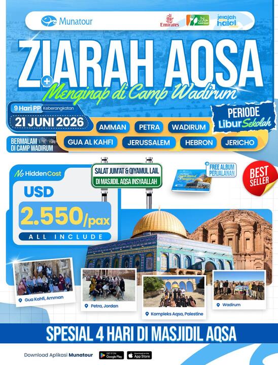  Paket Jejak Rasul 3 Negara Spesial libur sekolah: Mesir, Aqsa, Yordania - Juni 2026