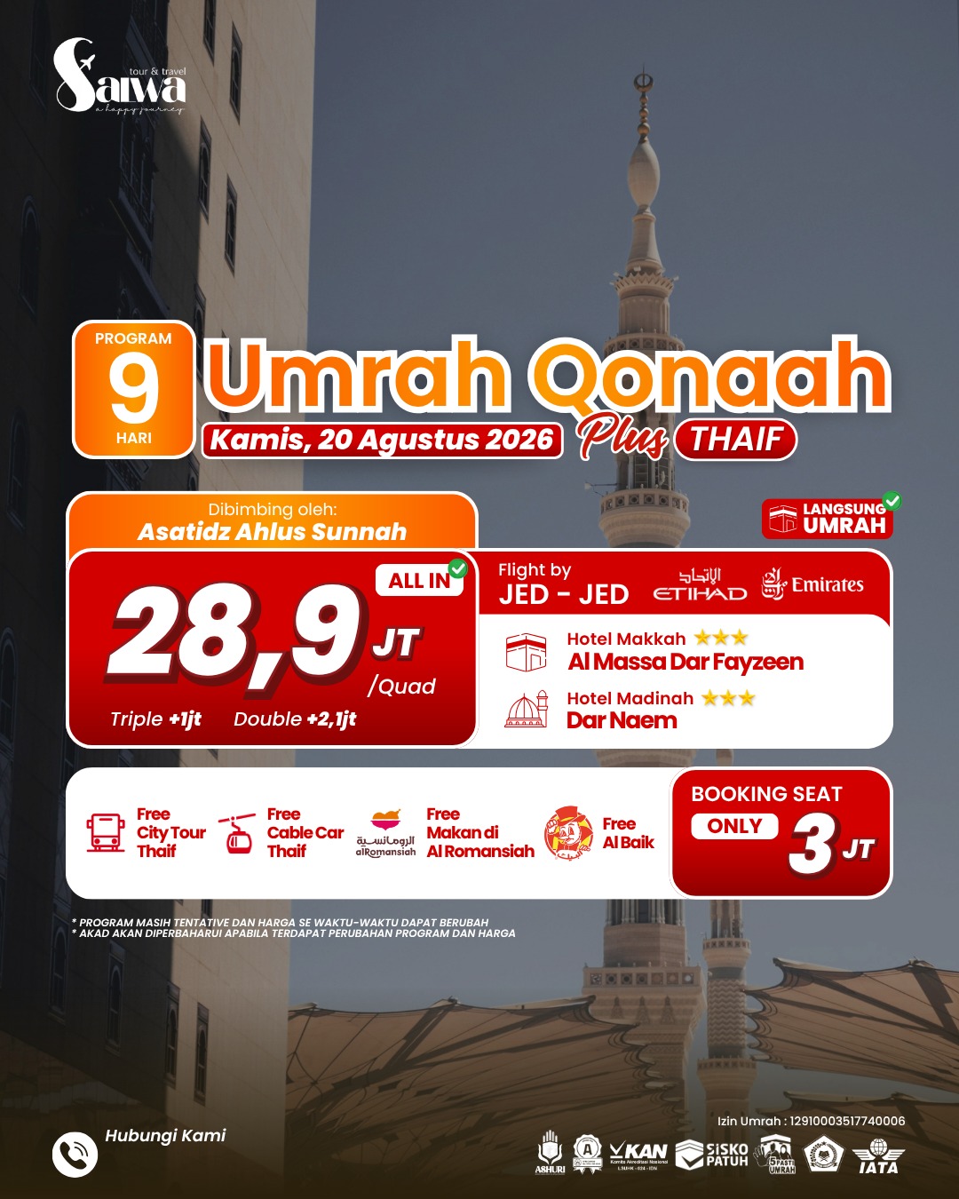 UMRAH QONAAH PLUS THAIF 9 HARI 20 AGUSTUS 2026