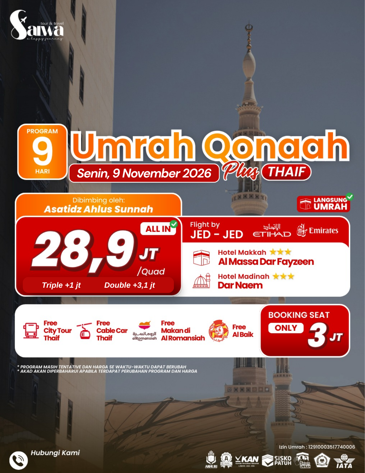UMRAH QONAAH PLUS THAIF 9 HARI 9 NOVEMBER 2026