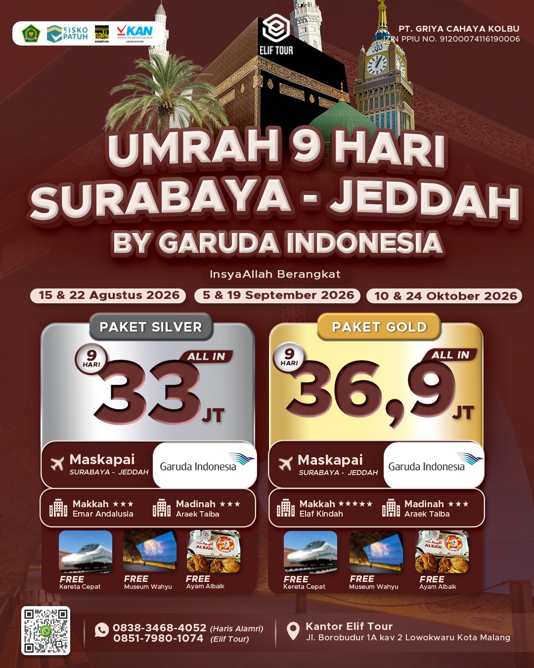 UMRAH 9 HARI SURABAYA - JEDDAH BY GARUDA INDONESIA (15 AGUSTUS 2026)