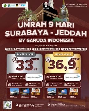 UMRAH 9 HARI SURABAYA - JEDDAH BY GARUDA INDONESIA (15 AGUSTUS 2026)