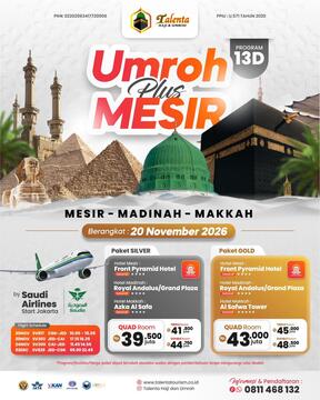 UMROH 20 NOVEMBER 2026 PLUS MESIR PAKET 13 HARI BY SAUDIA AIRLINES