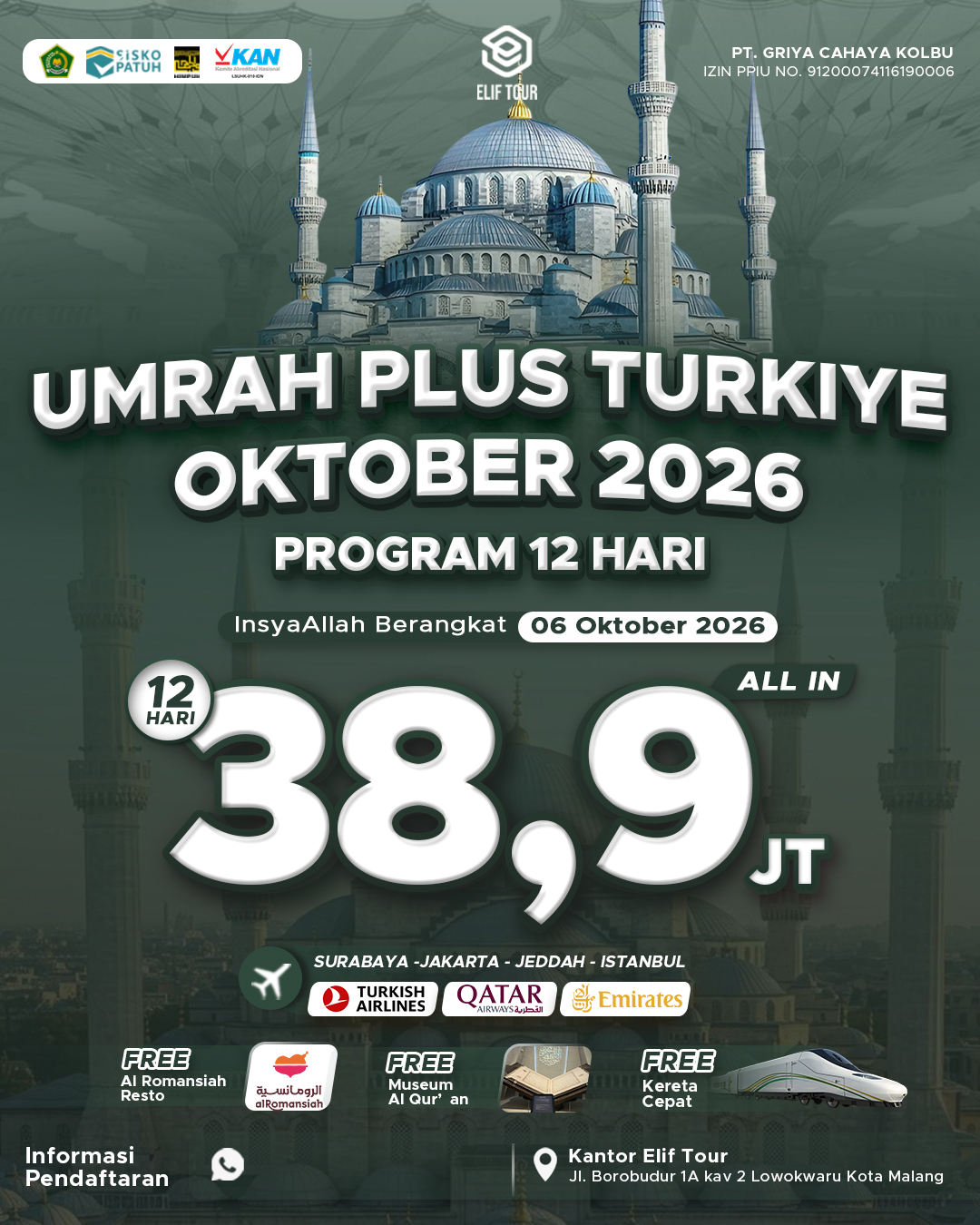 UMRAH PLUS TURKIYE OKTOBER 2026 PROGRAM 12 HARI