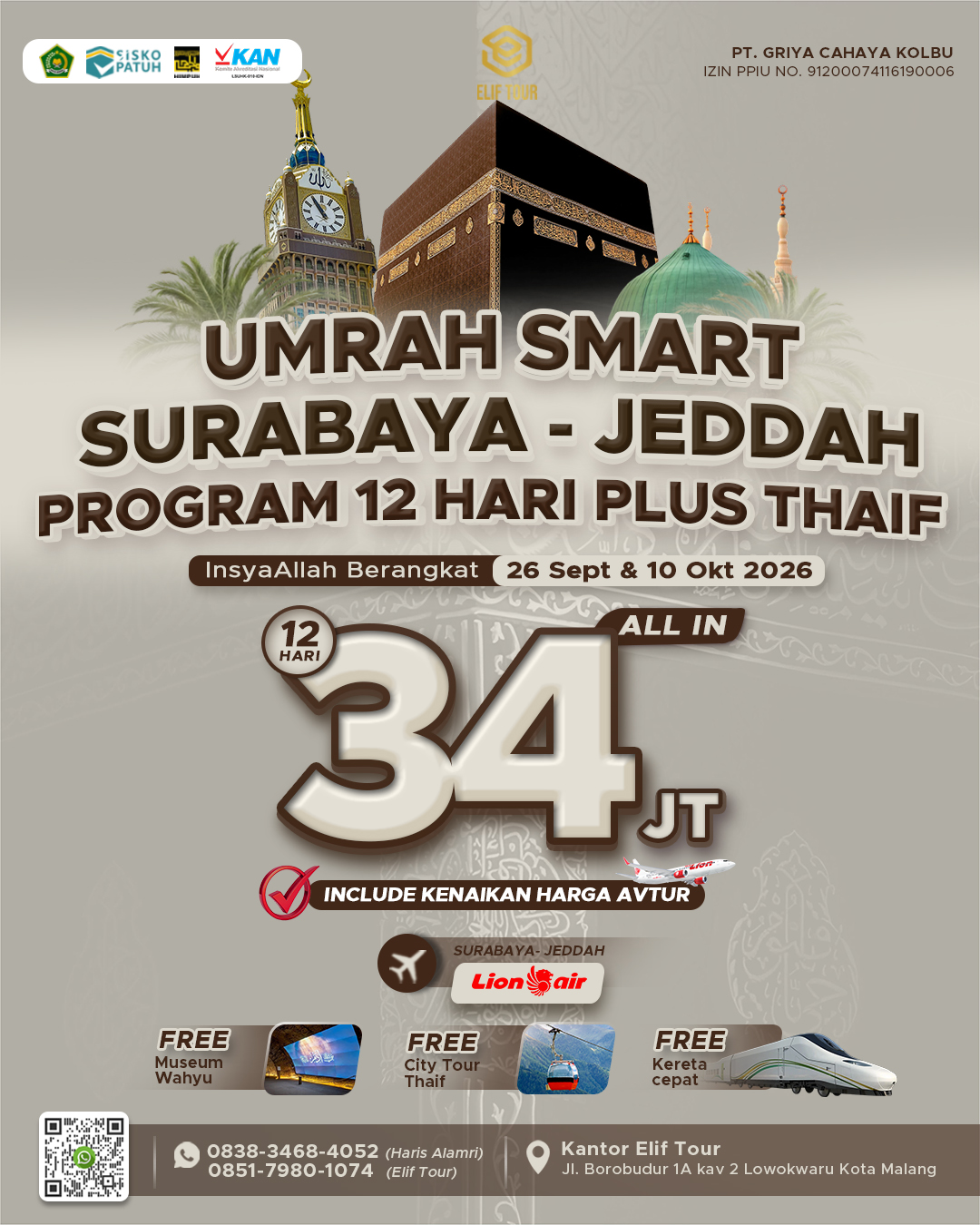 UMRAH SMART SURABAYA - JEDDAH 12 HARI PLUS THAIF (26 SEPTEMBER 2026)