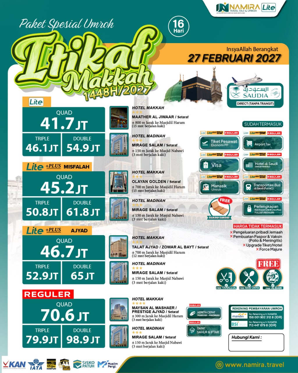 UMROH ITIKAF MAKKAH 27 FEBRUARI 2027  (REGULER)
