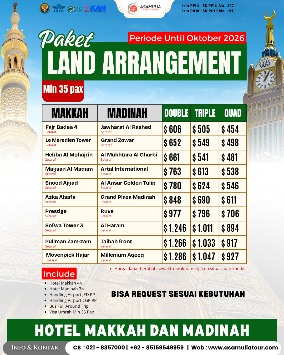 PAKET LA (Visa, Bus, Hotel 4N3N) min 35 pax