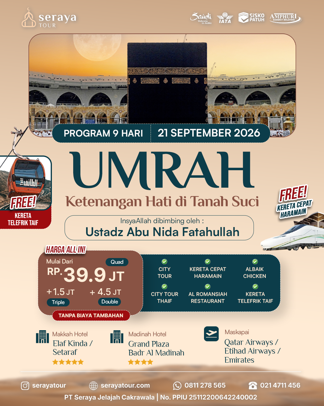 Umrah Plus Taif: 21 September 2026 (9 Hari)