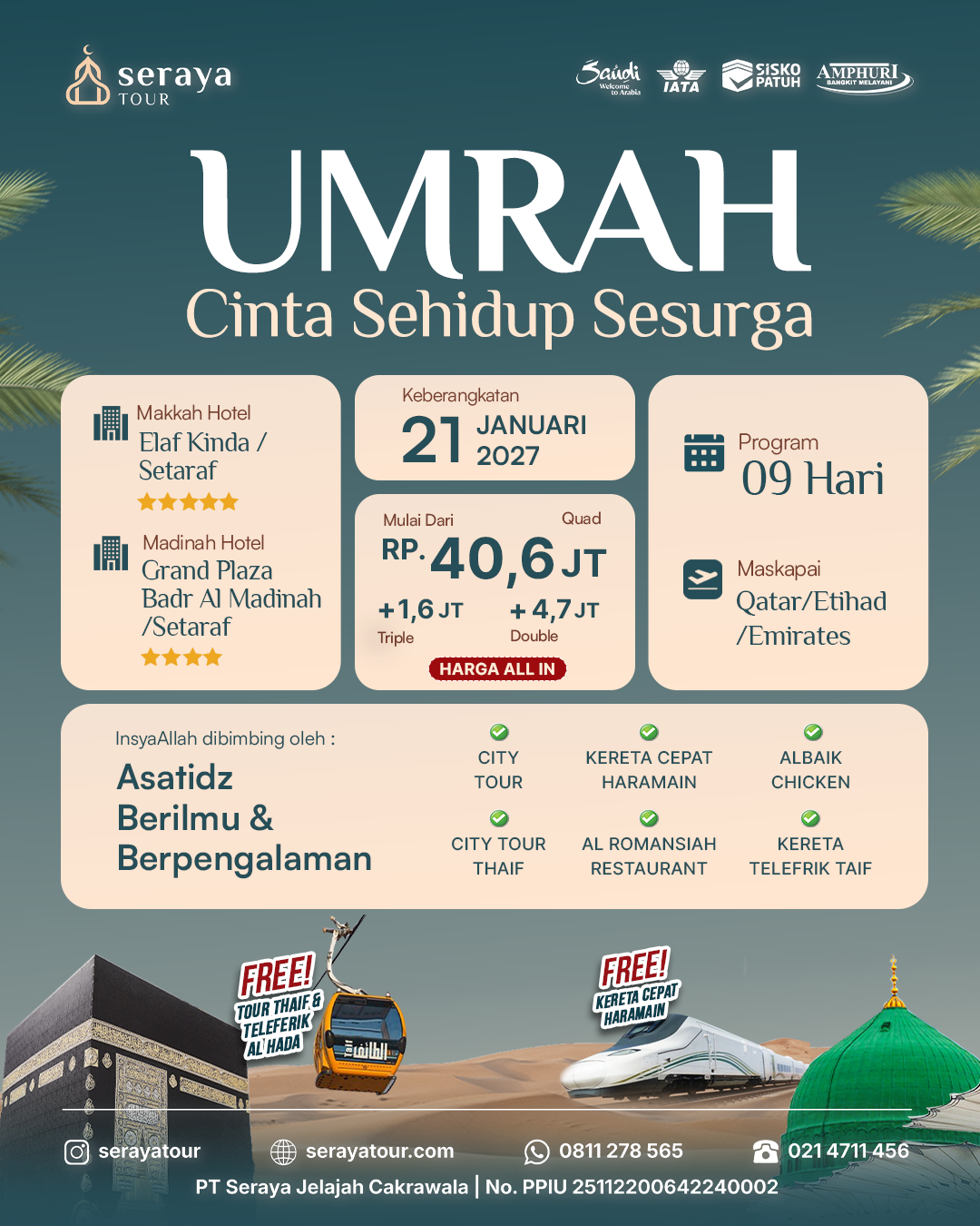 Umrah Plus Taif: 21 Januari 2027 (9 Hari)