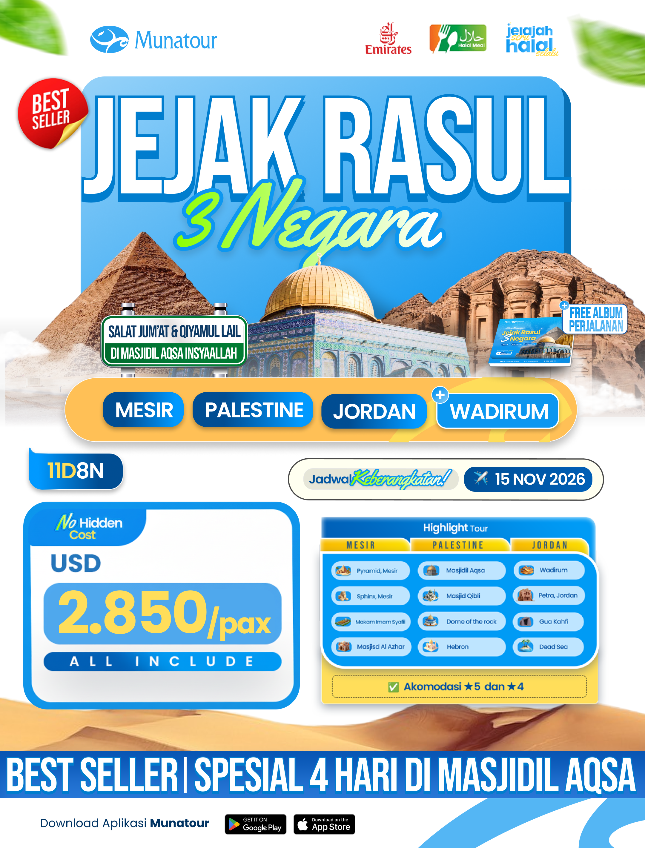 Jejak Rasul 3 Negara 15 November 2026: Mesir, Palestina & Yordania 11 Hari keberangkatan