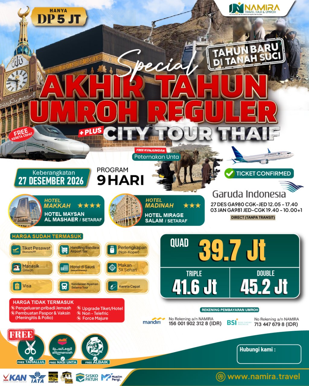 PAKET UMROH 27 DESEMBER 2026 PLUS THAIF (REGULER)