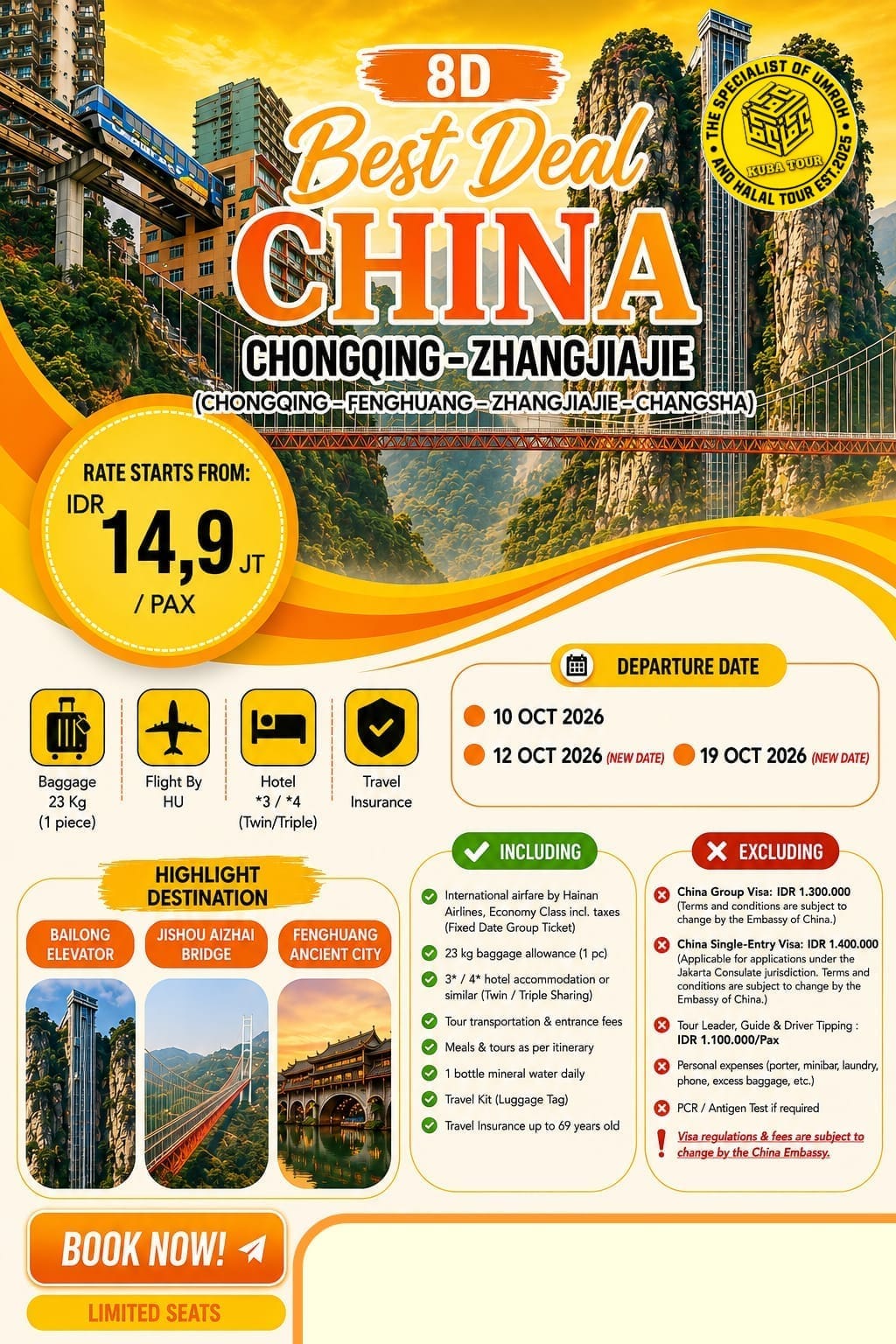 BEST DEAL CHINA 8D 10 OKT 2026 – CHONGQING • FENGHUANG • ZHANGJIAJIE • CHANGSHA