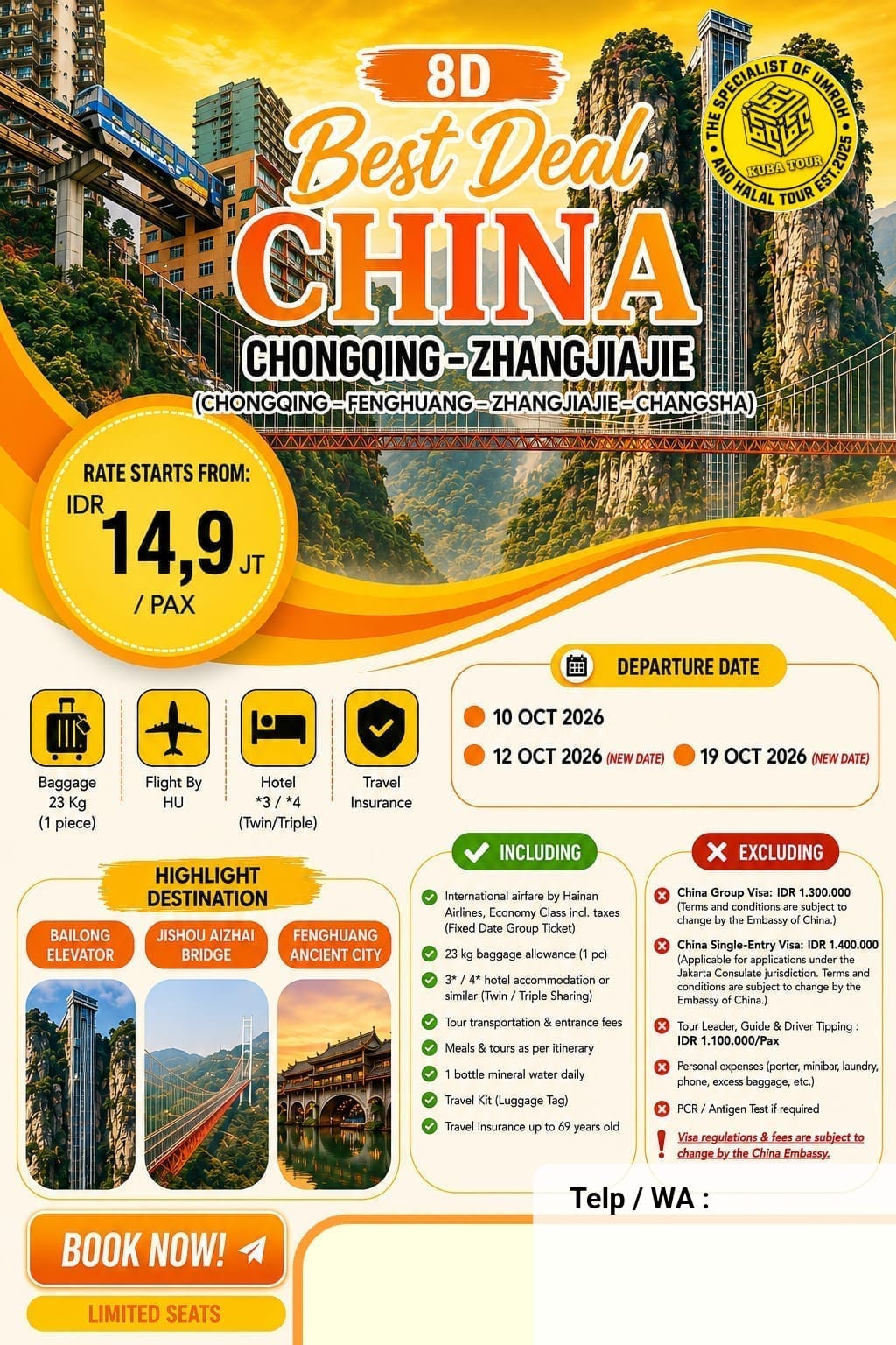 BEST DEAL CHINA 8D 12 OKT 2026 – CHONGQING • FENGHUANG • ZHANGJIAJIE • CHANGSHA