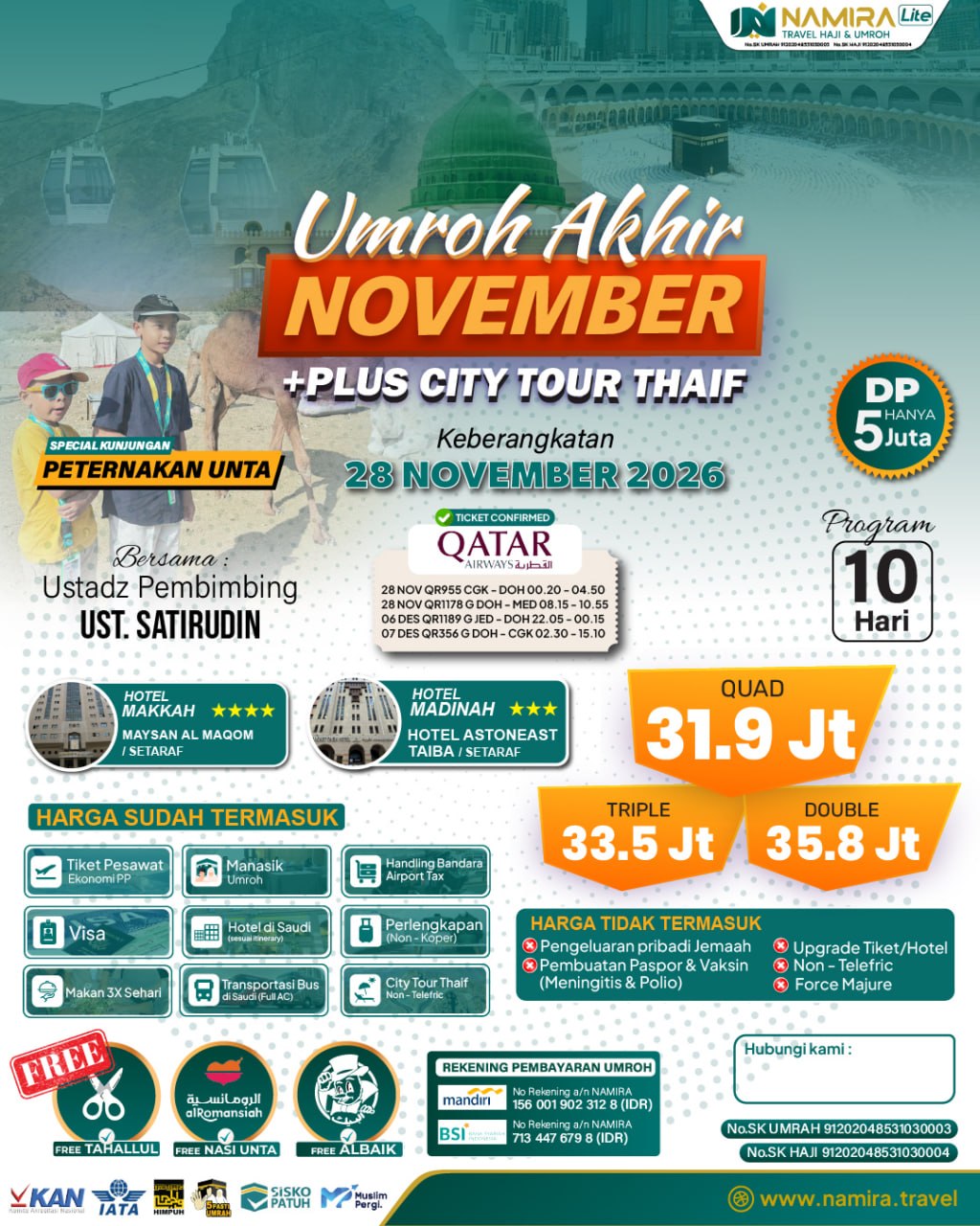 PAKET UMROH 28 NOVEMBER 2026 PLUS CITY TOUR THAIF