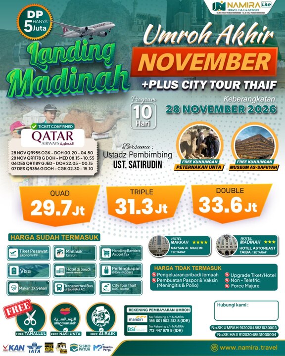 PAKET UMROH 28 NOVEMBER 2026 PLUS CITY TOUR THAIF