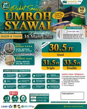 PAKET UMROH SYAWAL PLUS THAIF & BADR 16 MARET 2027