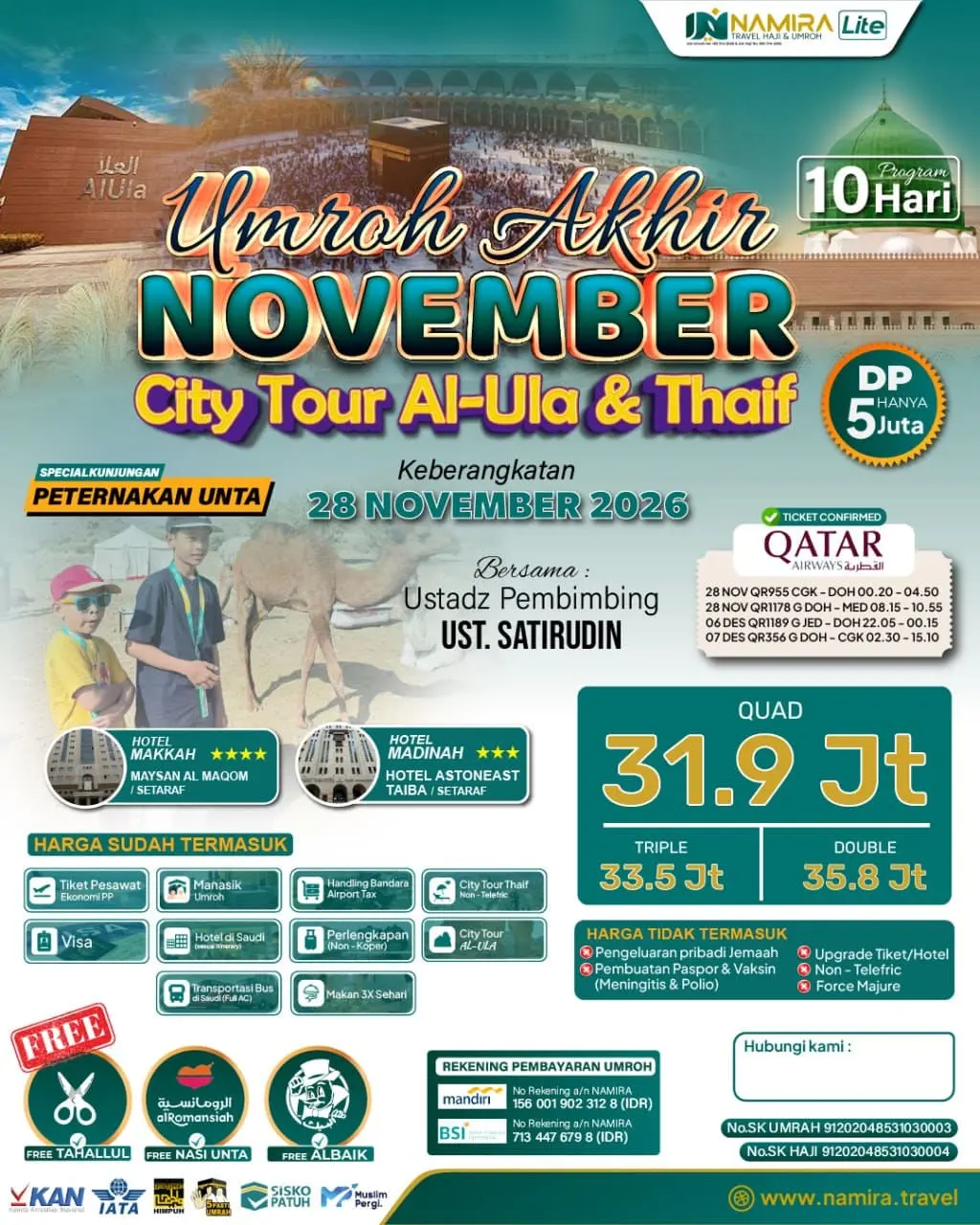 PAKET UMROH 28 NOVEMBER 2026 PLUS CITY TOUR AL ULA & THAIF
